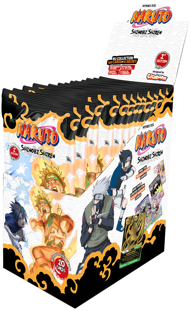 Display box of Naruto trading cards with anime characters and orange-black packaging