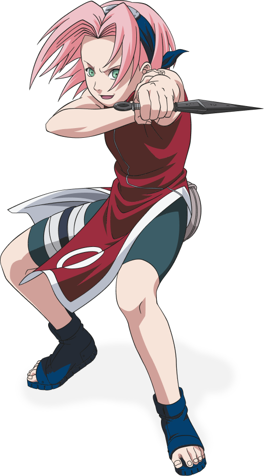 Pink-haired anime fighter crouched in a battle pose, holding a knife, wearing a red outfit and blue sandals.