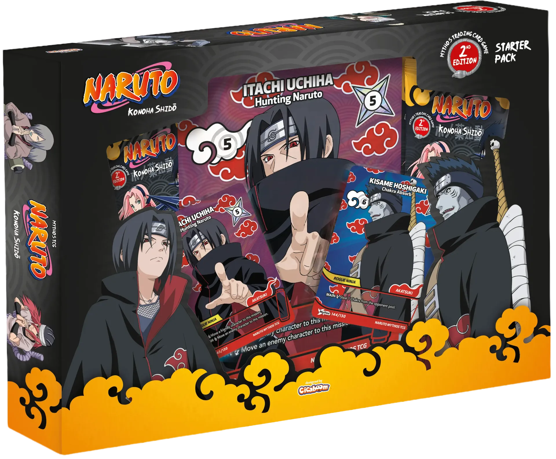 Naruto Itachi Uchiha collectible figure box with multiple character images on a black and orange background
