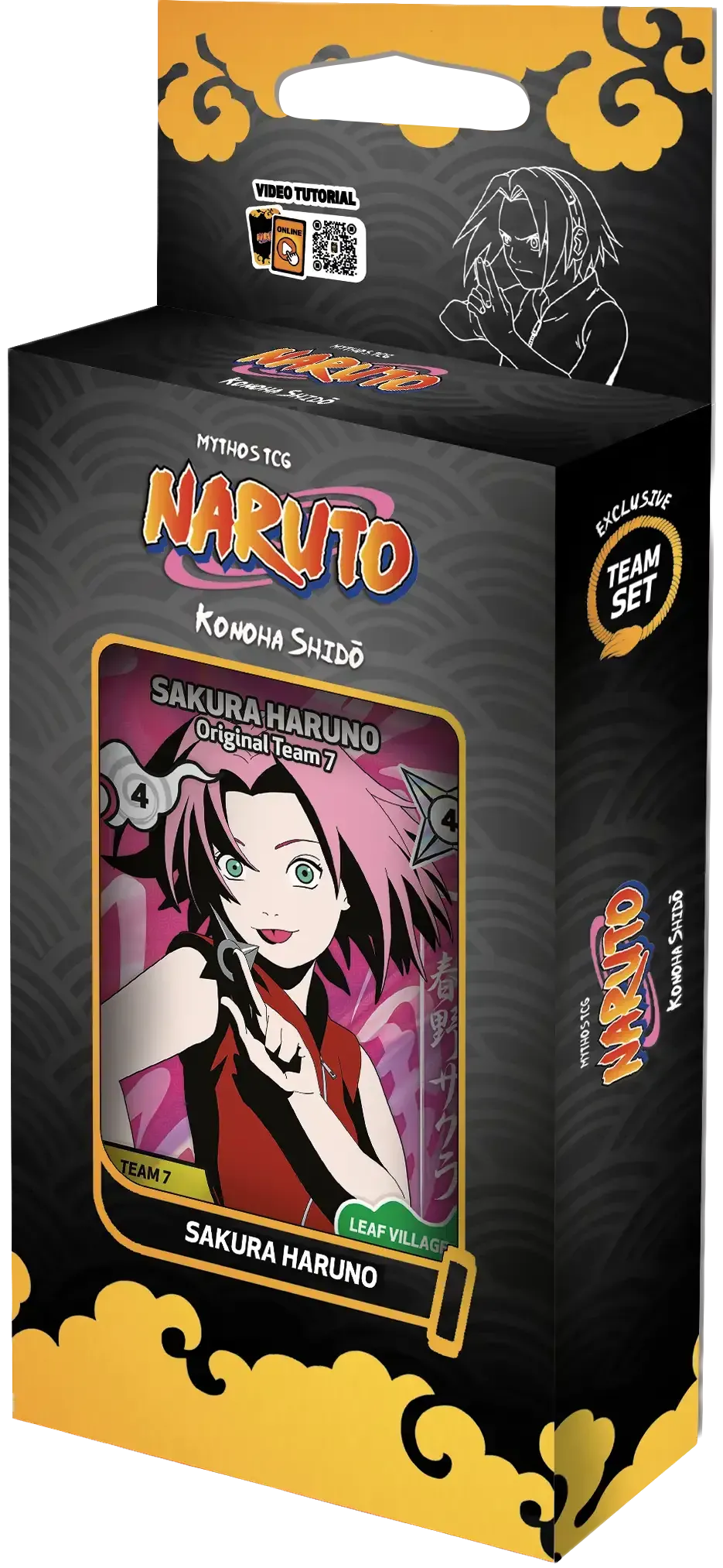 Naruto-themed box packaging with a black and orange design and character art on the front