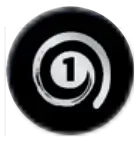 Black circular logo with a white spiral and the number 1 in the center