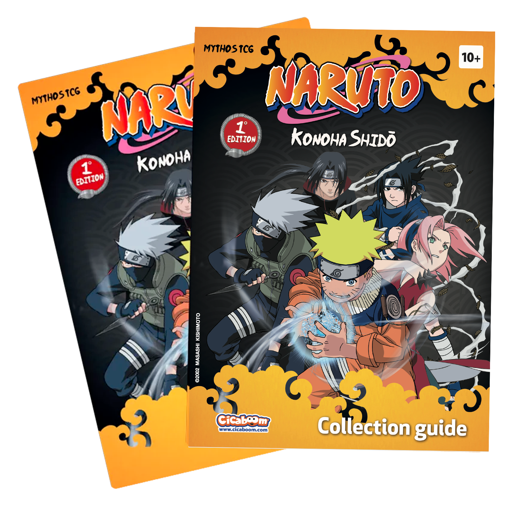 Two Naruto Konoha Shizuo collection guide booklets, orange covers with manga characters