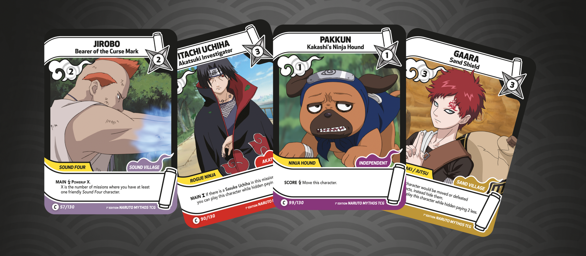 Naruto trading cards featuring Jirobo, Itachi, Akita, and Gaara.