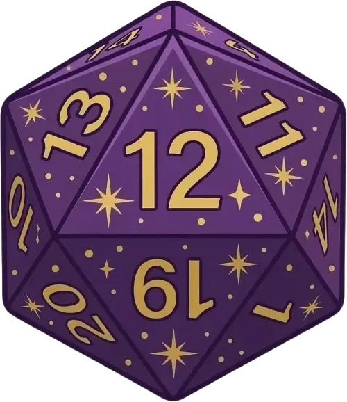 Purple and gold 20-sided die with zodiac-style symbols and the number 12 on top