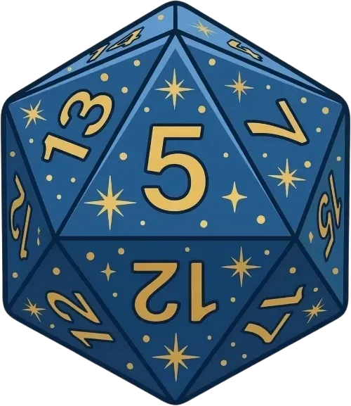 Blue 20-sided die with gold numbers and star accents, showing 5 on the top face.