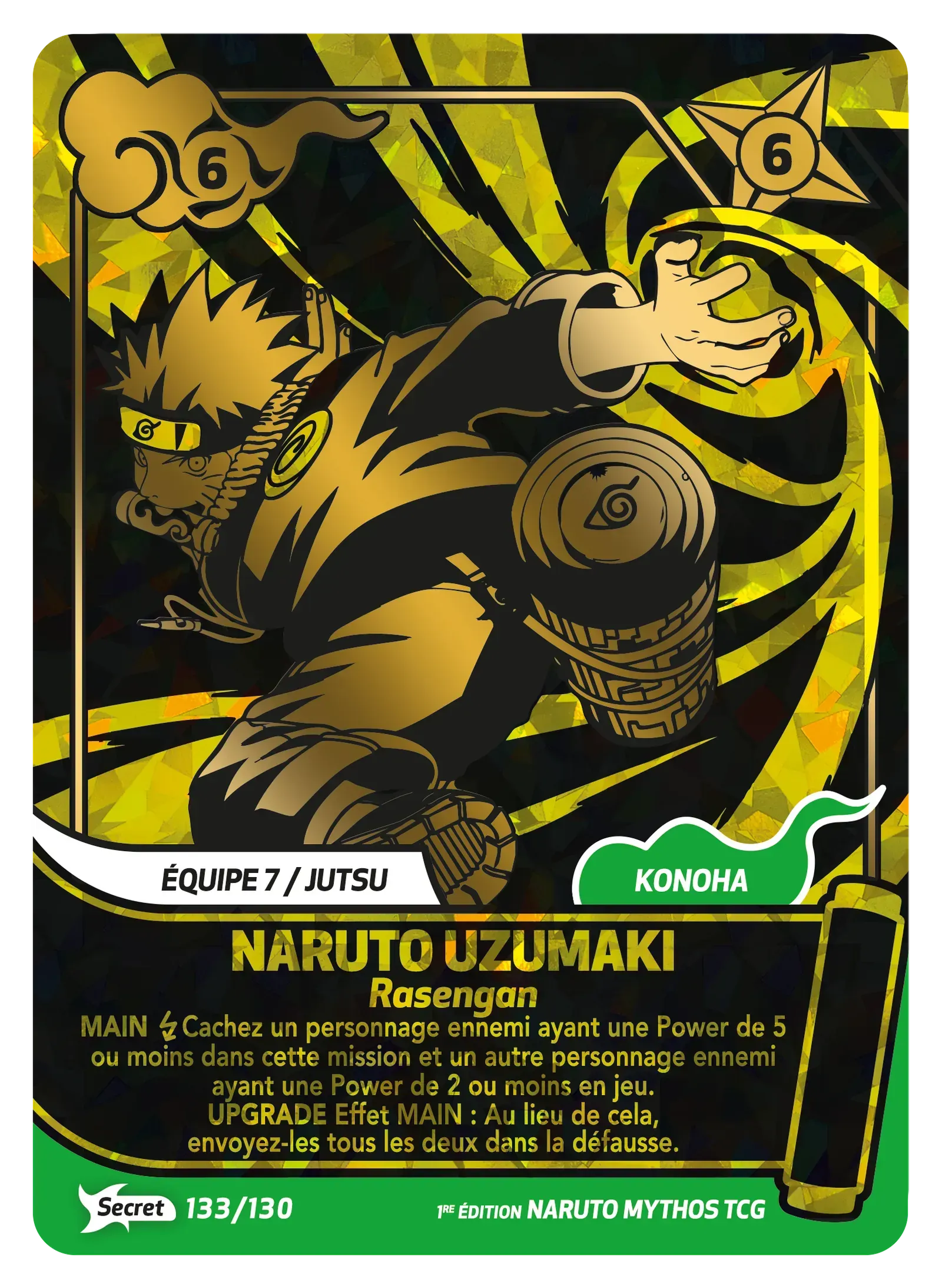 Naruto Uzumaki trading card with yellow-and-black artwork and Konohagakure logo