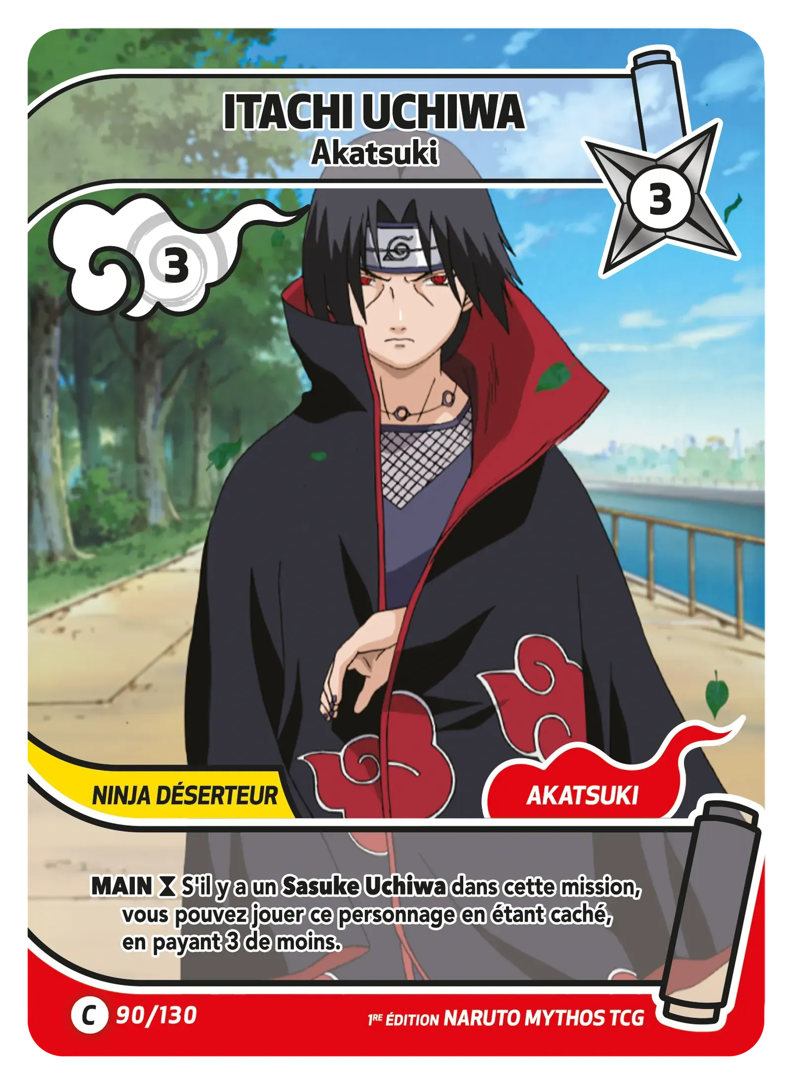 Itachi Uchiha trading card in Akatsuki cloak, standing on a seaside path with forest background