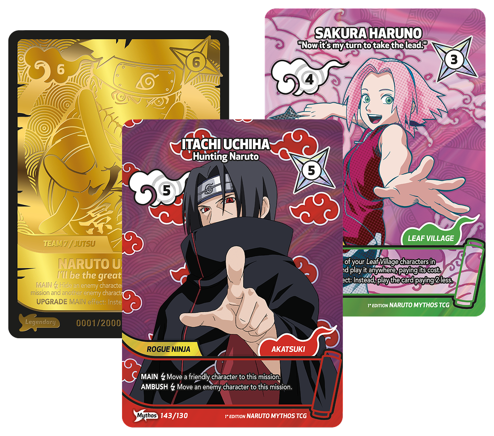 Three Naruto trading cards: gold Naruto, red Itachi Uchiha, and pink Sakura Haruno cards overlapping.