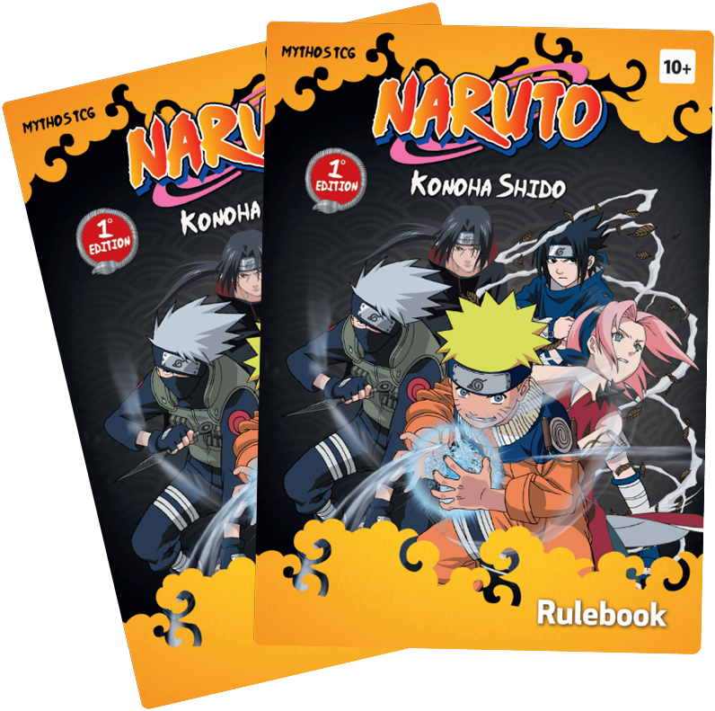 Two Naruto Konoha Shippuden rulebooks, black and orange covers with Naruto and other characters