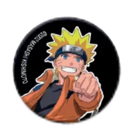 Anime character Naruto in orange jacket, smiling and pointing on a black circular background.