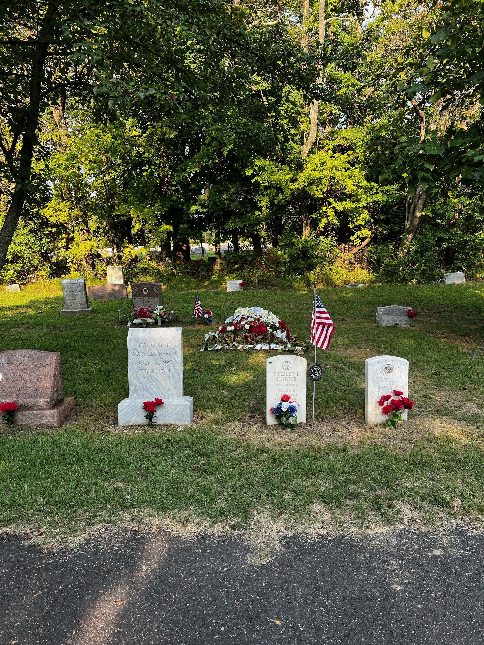 Gravestones in a grassy cemetery setting with floral tributes, American flags, and a backdrop of green trees.