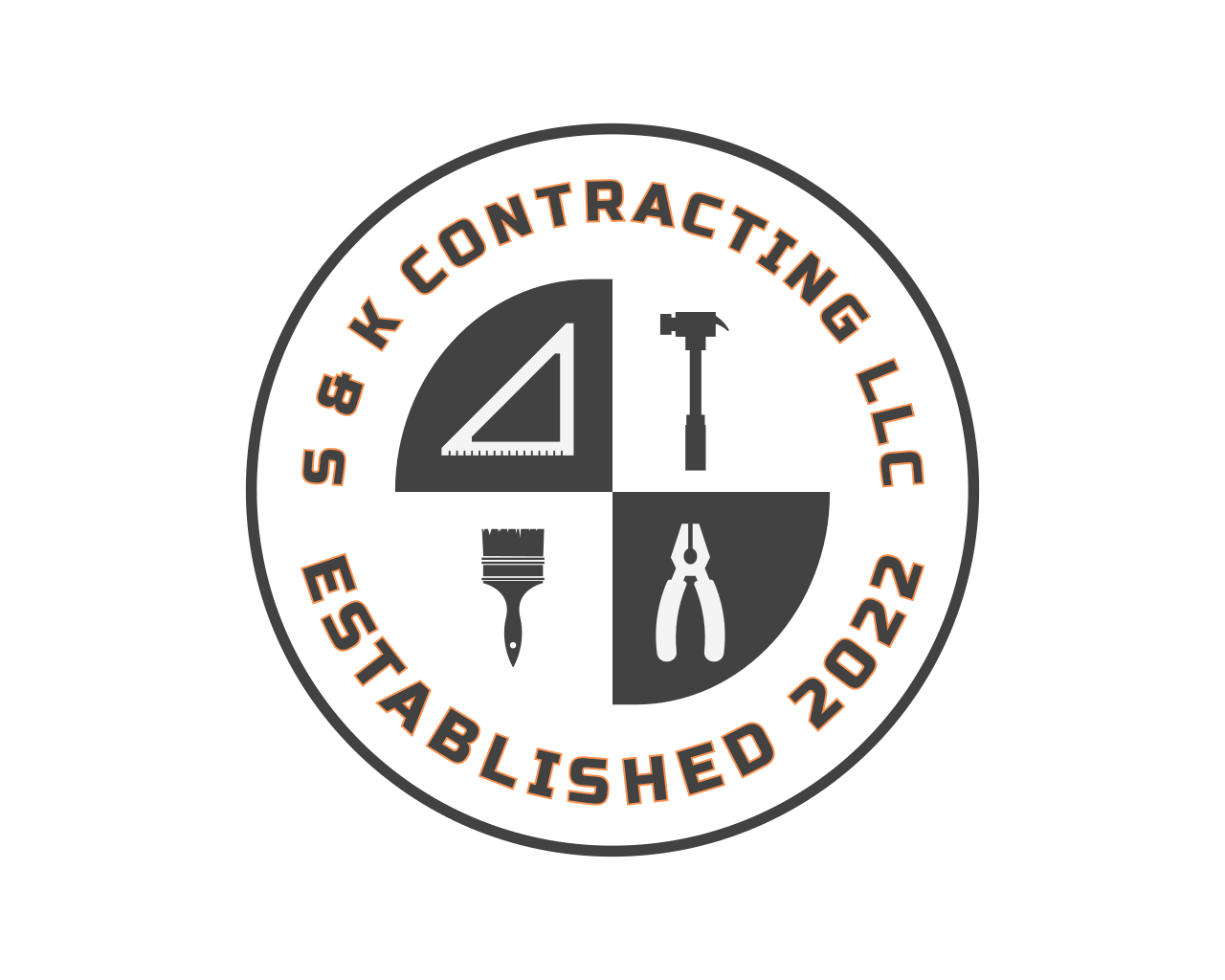 Circular logo: Tools (triangle, hammer, brush, pliers) in gray sections; brown text "S & K Contracting LLC Established 2022."