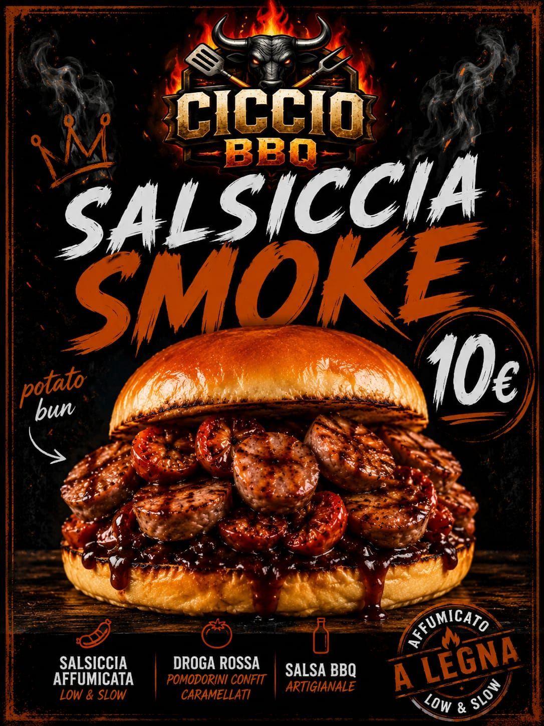 Una mano regge un vassoio di crocchette di pollo croccanti con salsa, accanto a un cartello di cibo di strada.