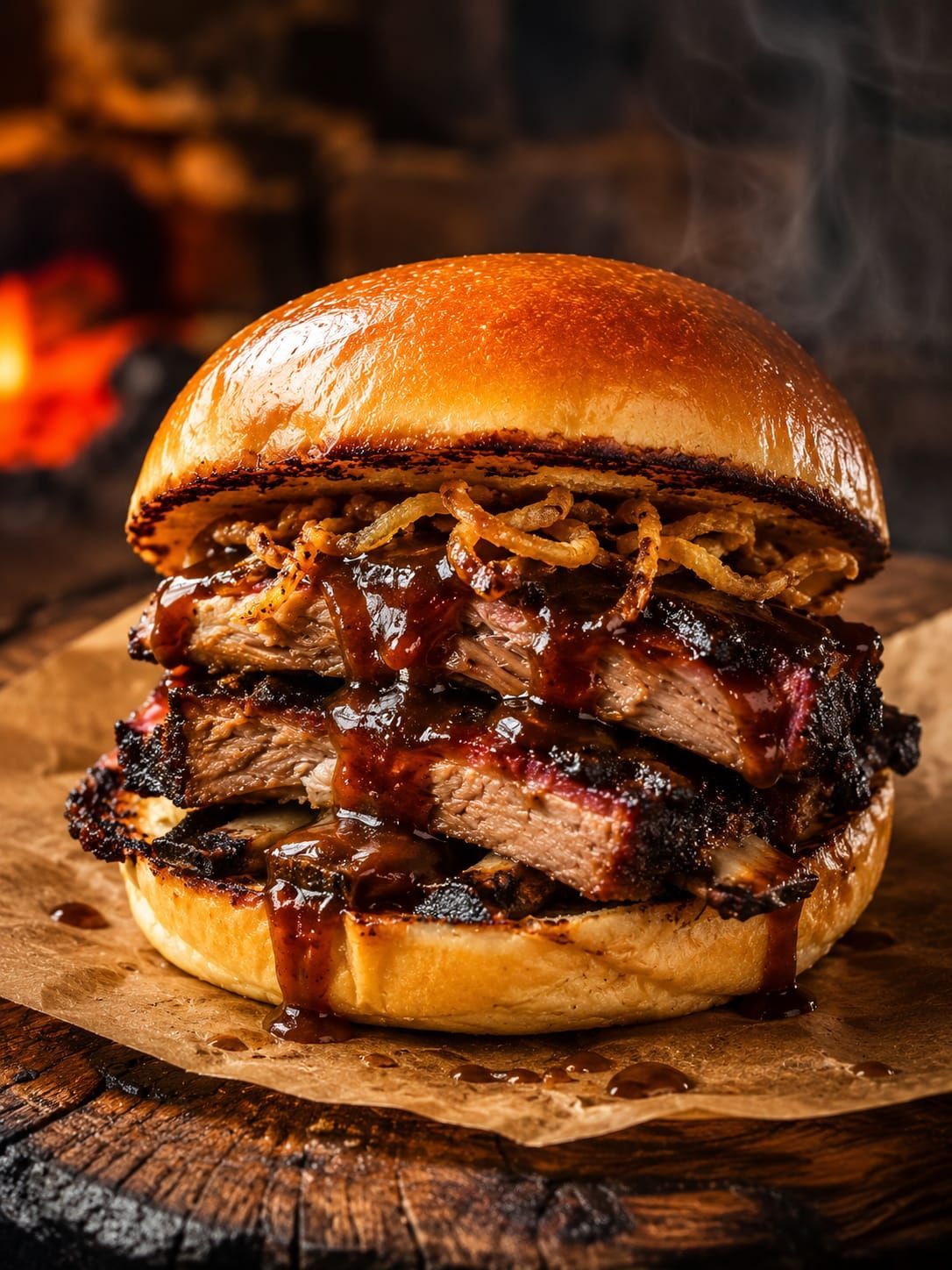 Succulento hamburger a strati con formaggio fuso su un tagliere di legno, illuminato da una luce calda su uno sfondo scuro.