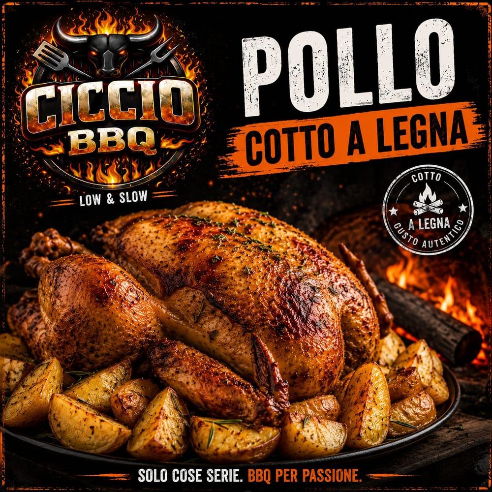 Logo “Ciccio BBQ” e pollo cotto a legna su tagliere, con fiamme e patate arrosto