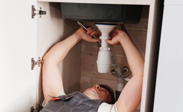Plumber lying under a sink unit to work on the waste pipe