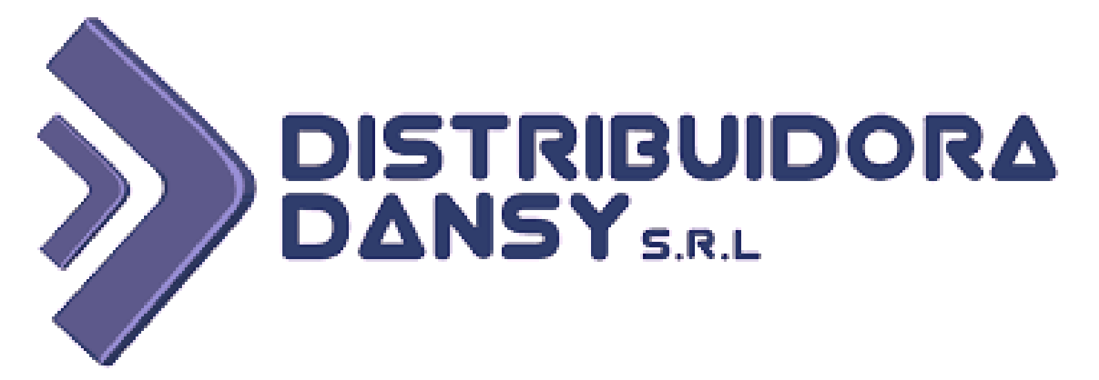 Logotipo para Distribuidora Dansy SRL con flecha estilizada de color morado y texto en color azul marino.