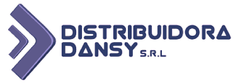 Logotipo para Distribuidora Dansy SRL con flecha estilizada de color morado y texto en color azul marino.