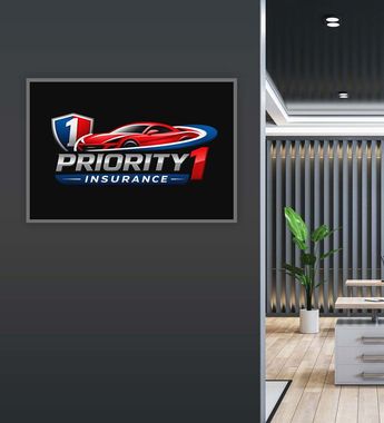 Priority 1 Insurance sign on a dark wall beside a modern office interior with plants and wooden flooring