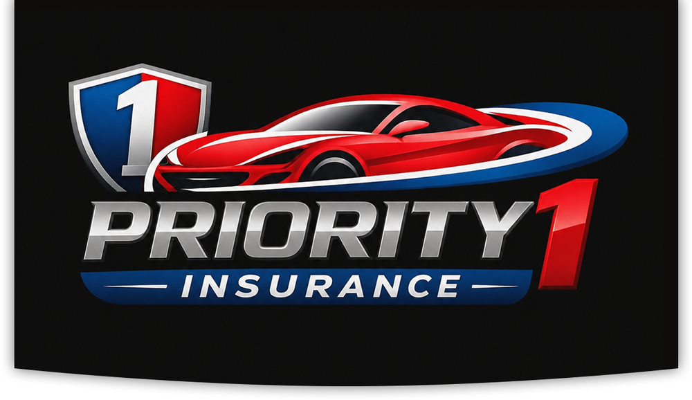 Priority 1 Insurance logo with red sports car and blue shield on a black background
