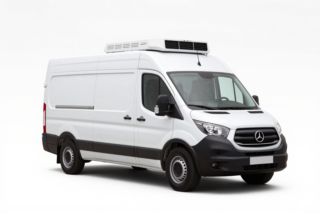 Furgoneta de carga Mercedes blanca con unidad de refrigeración en el techo, aislada sobre fondo blanco.