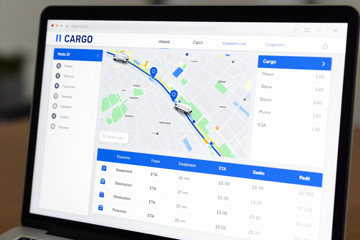 Panel de seguimiento de carga con ruta en mapa, paneles azules y detalles del envío en un monitor.