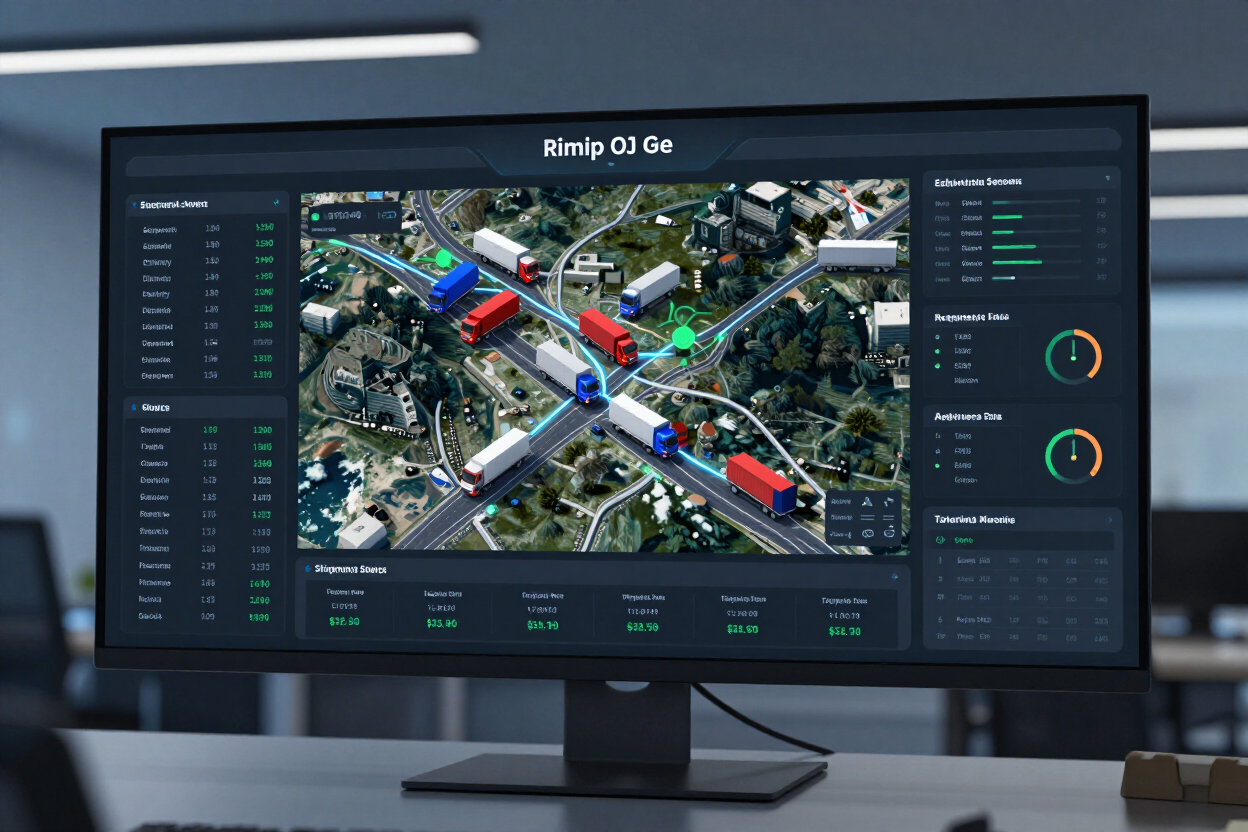 Monitor de computadora que muestra un panel de control de gestión de tráfico de la ciudad con vista aérea de la calle.