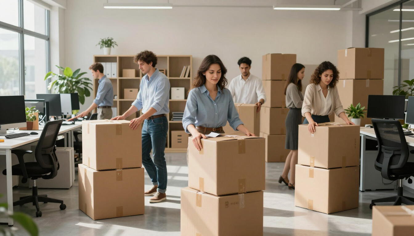 Empleados de oficina empaquetando cajas de cartón en un espacio de trabajo luminoso durante una mudanza.