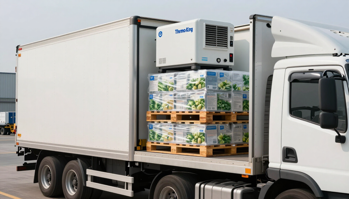 Camión frigorífico cargado con cajas apiladas de palés de productos agrícolas.