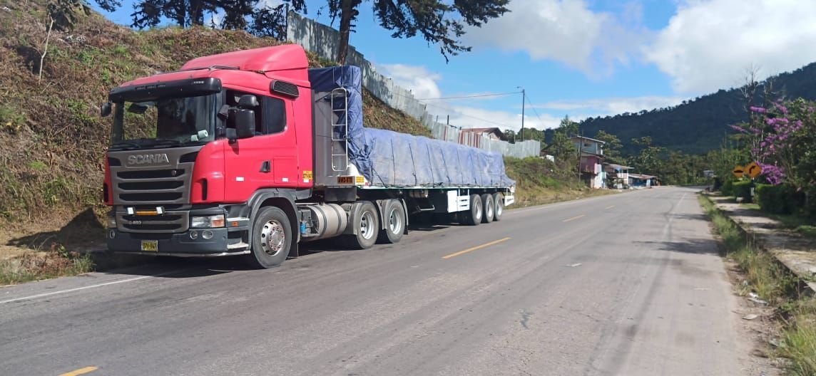 Trabajadores de un depósito de carga están cargando un contenedor de carga en un camión.