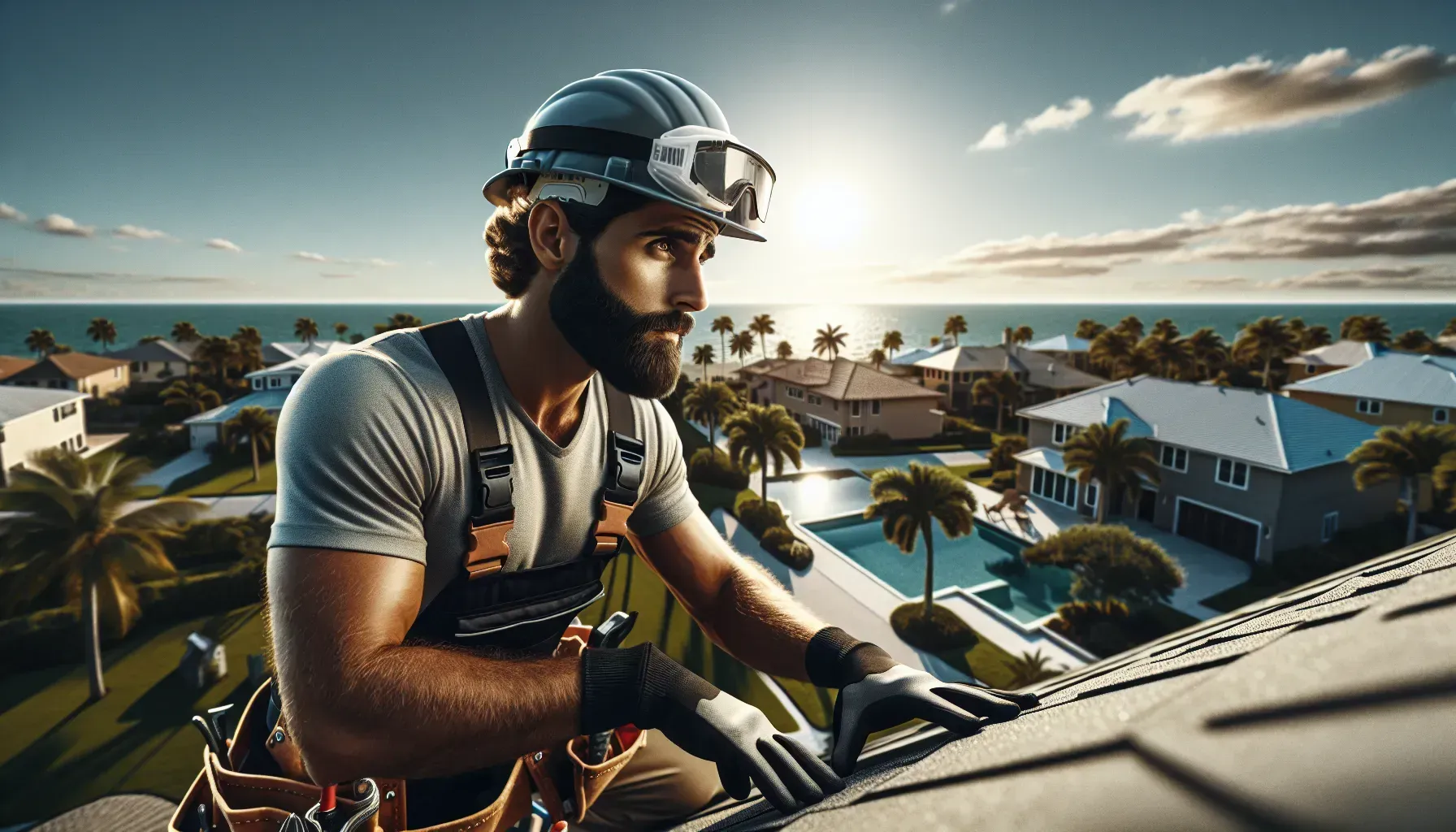 A man with a beard is working on the roof of a house.