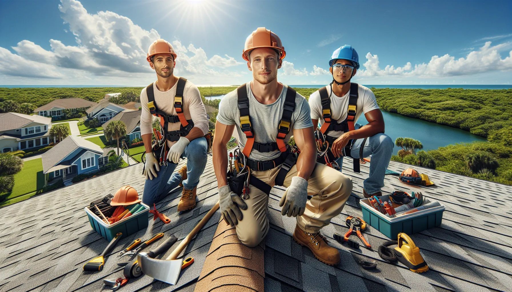 A group of construction workers are sitting on top of a roof.
