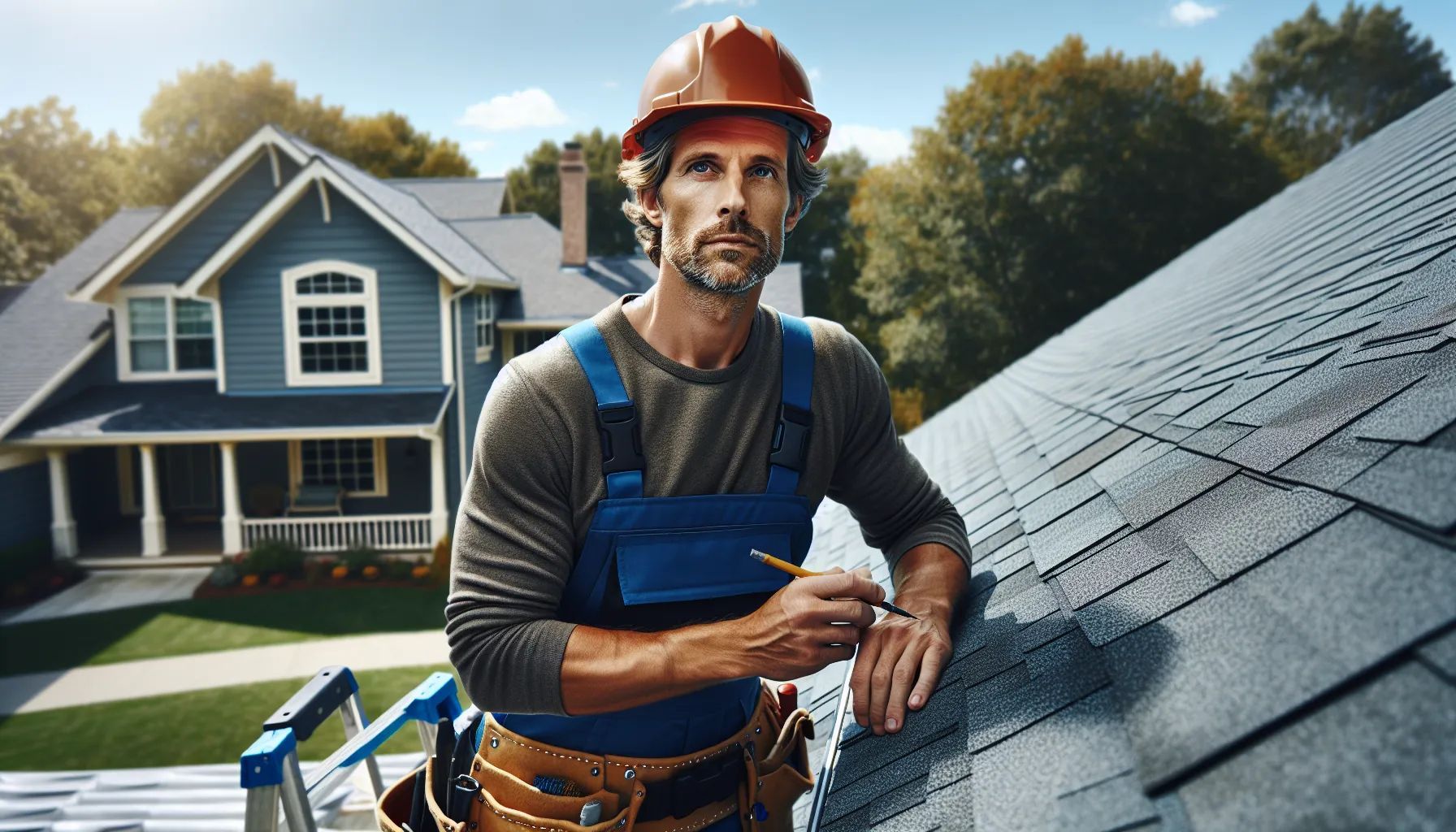 A man wearing a hard hat is standing on top of a roof.