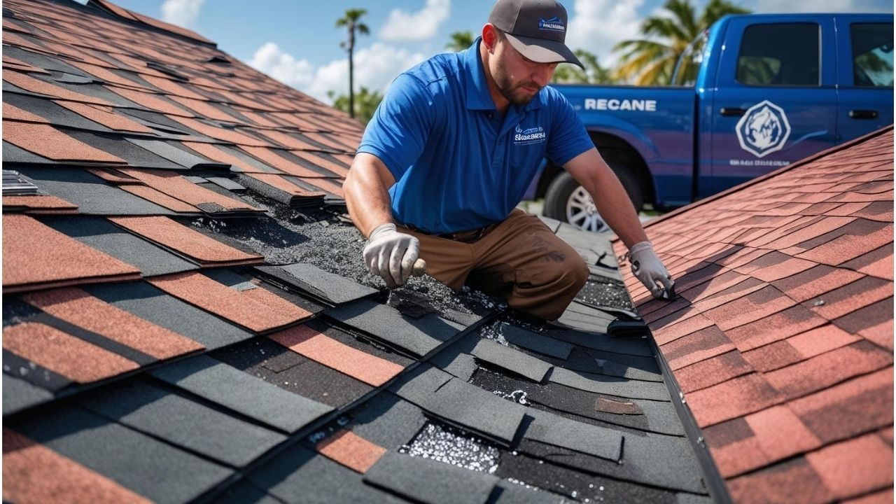 A man is working on a roof next to a truck.