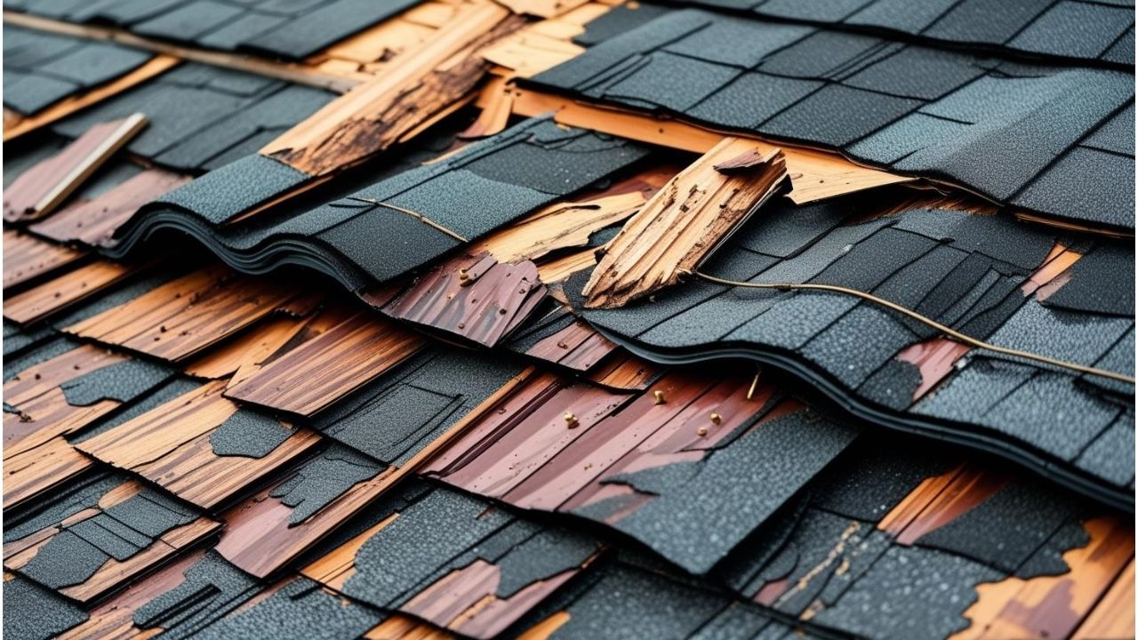 A close up of a roof with a lot of shingles missing