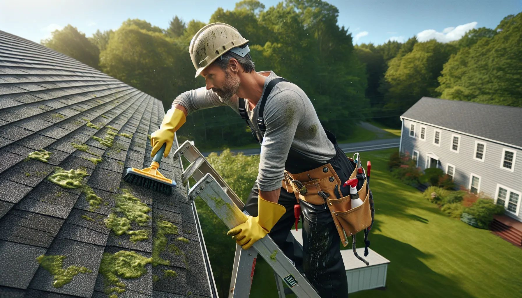 A man is cleaning the roof of a house with a ladder.