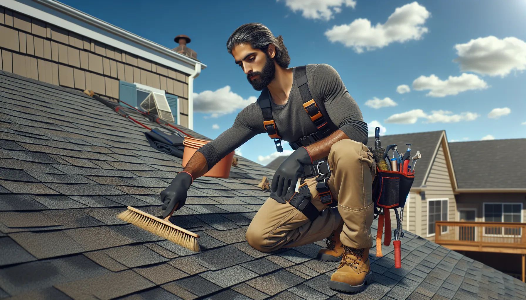 A man is working on the roof of a house.