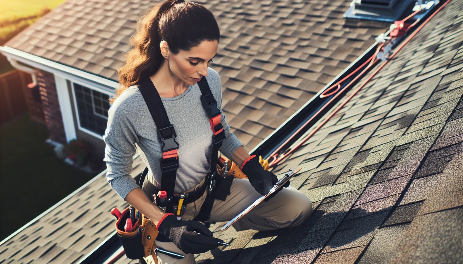 A woman is working on the roof of a house.