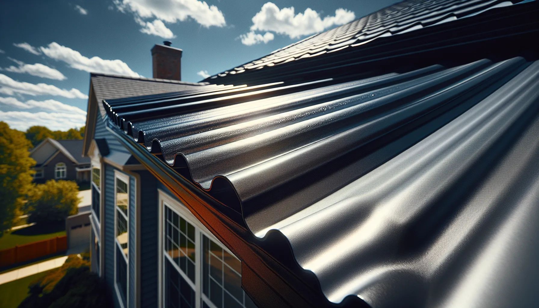 Shiny black metal roof on a two-story house on a sunny day.