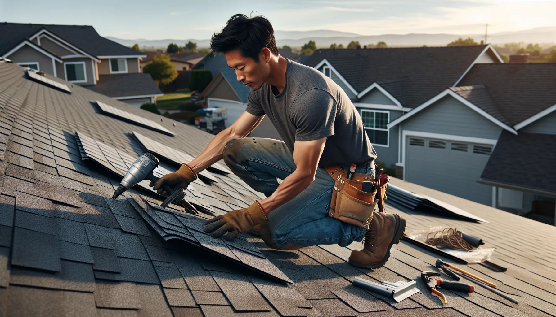 Roofer on a roof, working with a power drill. He wears a tool belt, gloves, and boots. Houses in background.