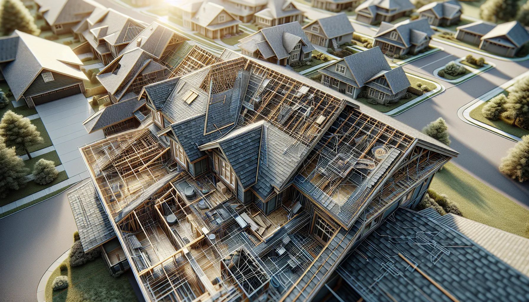 An aerial view of a house under construction in a residential area.