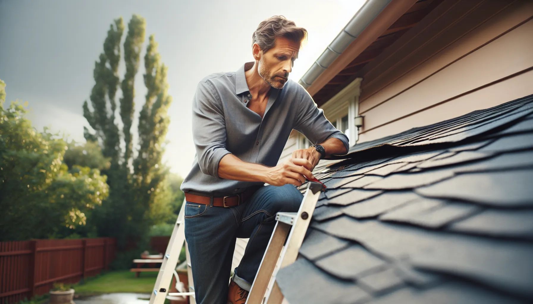 A man is sitting on a ladder working on the roof of a house.