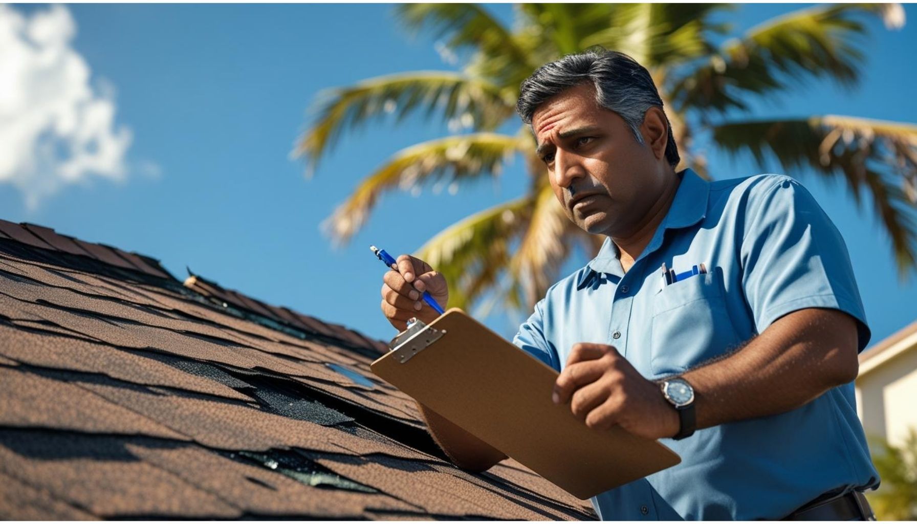 A man is writing on a clipboard while standing on a roof.