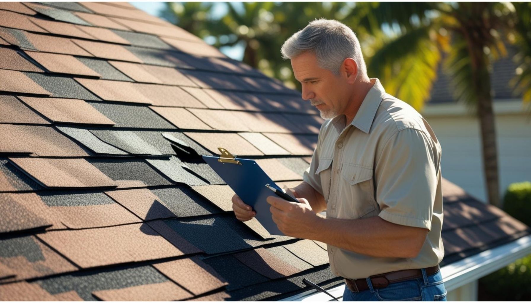 A man is standing on a roof looking at a clipboard.