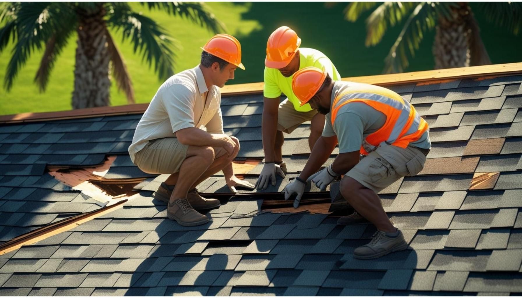Three men wearing hard hats are working on a roof.