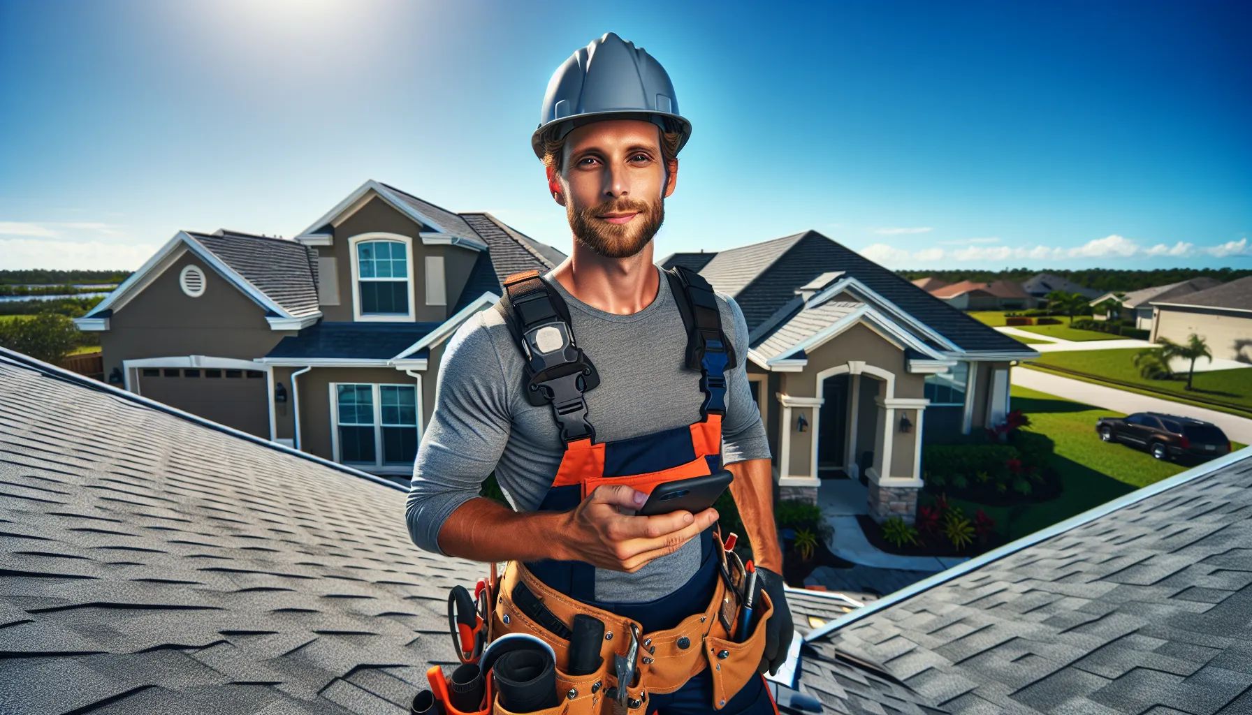 A man is standing on the roof of a house holding a cell phone.