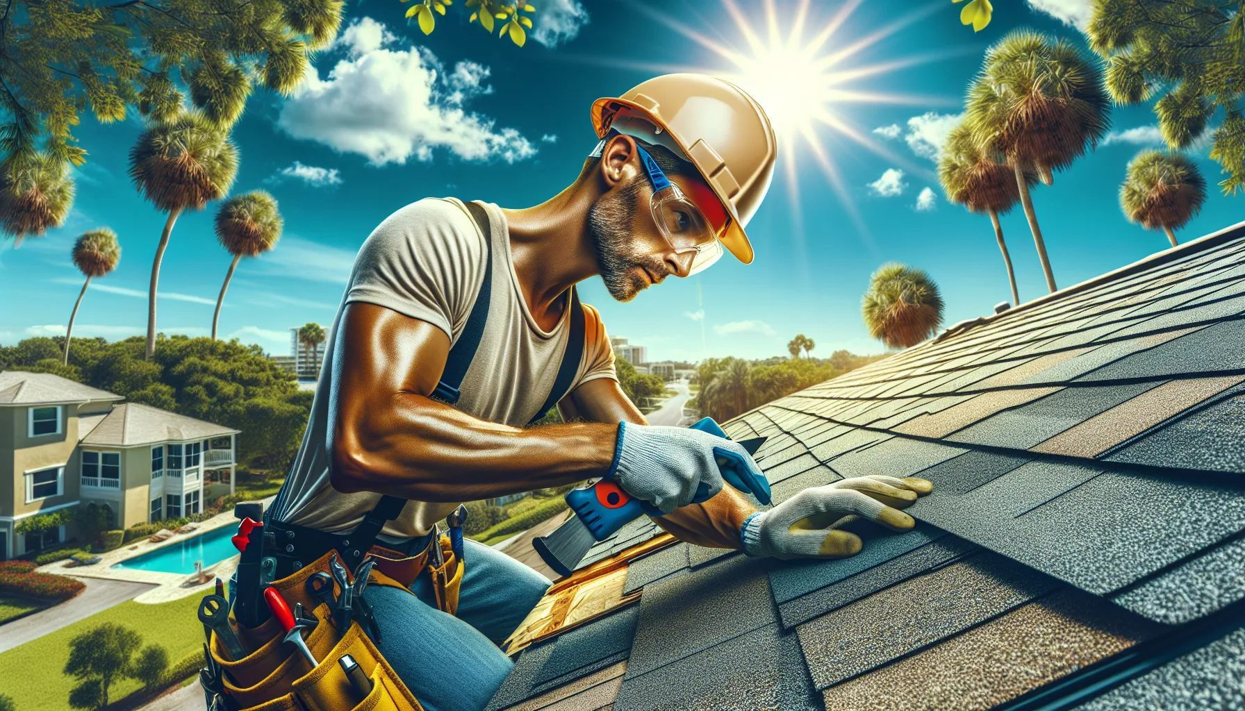 A man is working on the roof of a house.
