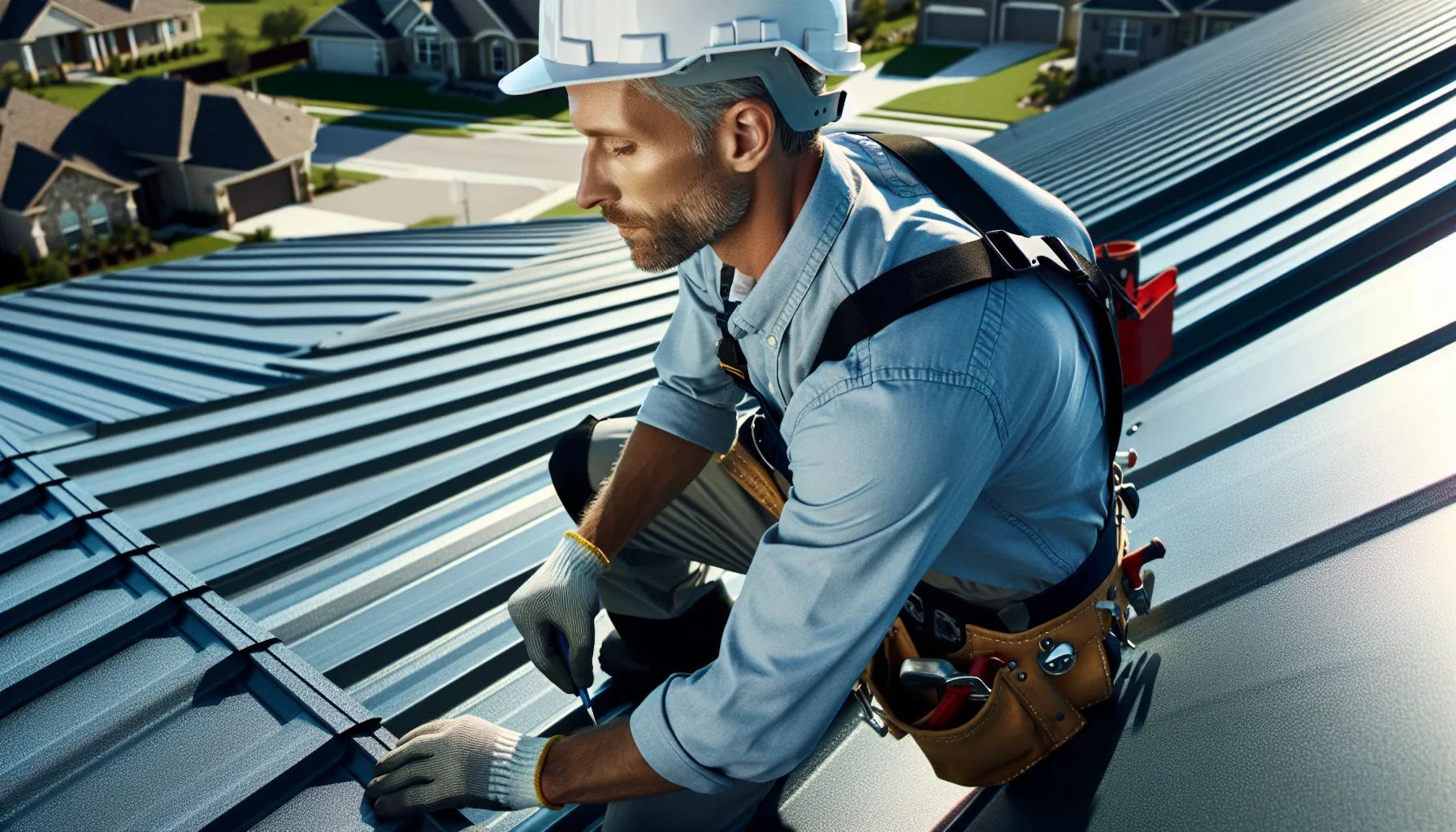 A man wearing a hard hat is working on a roof.