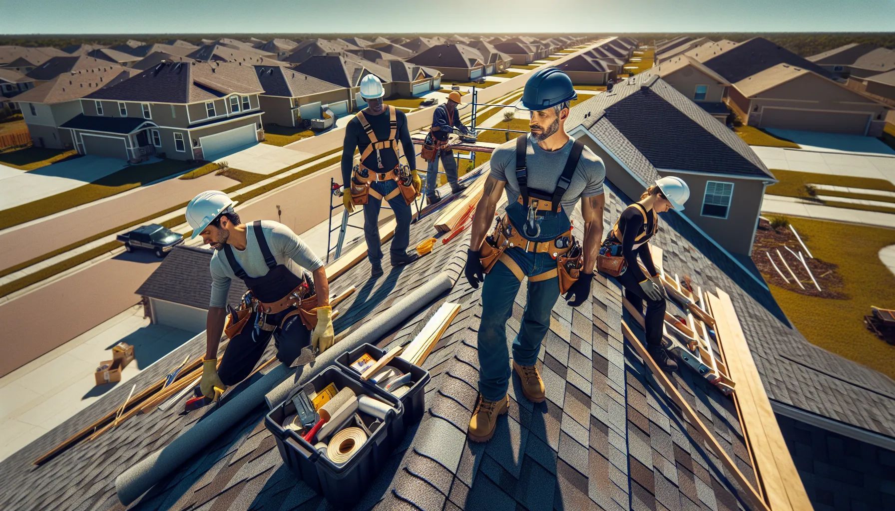 A group of construction workers are working on the roof of a house.