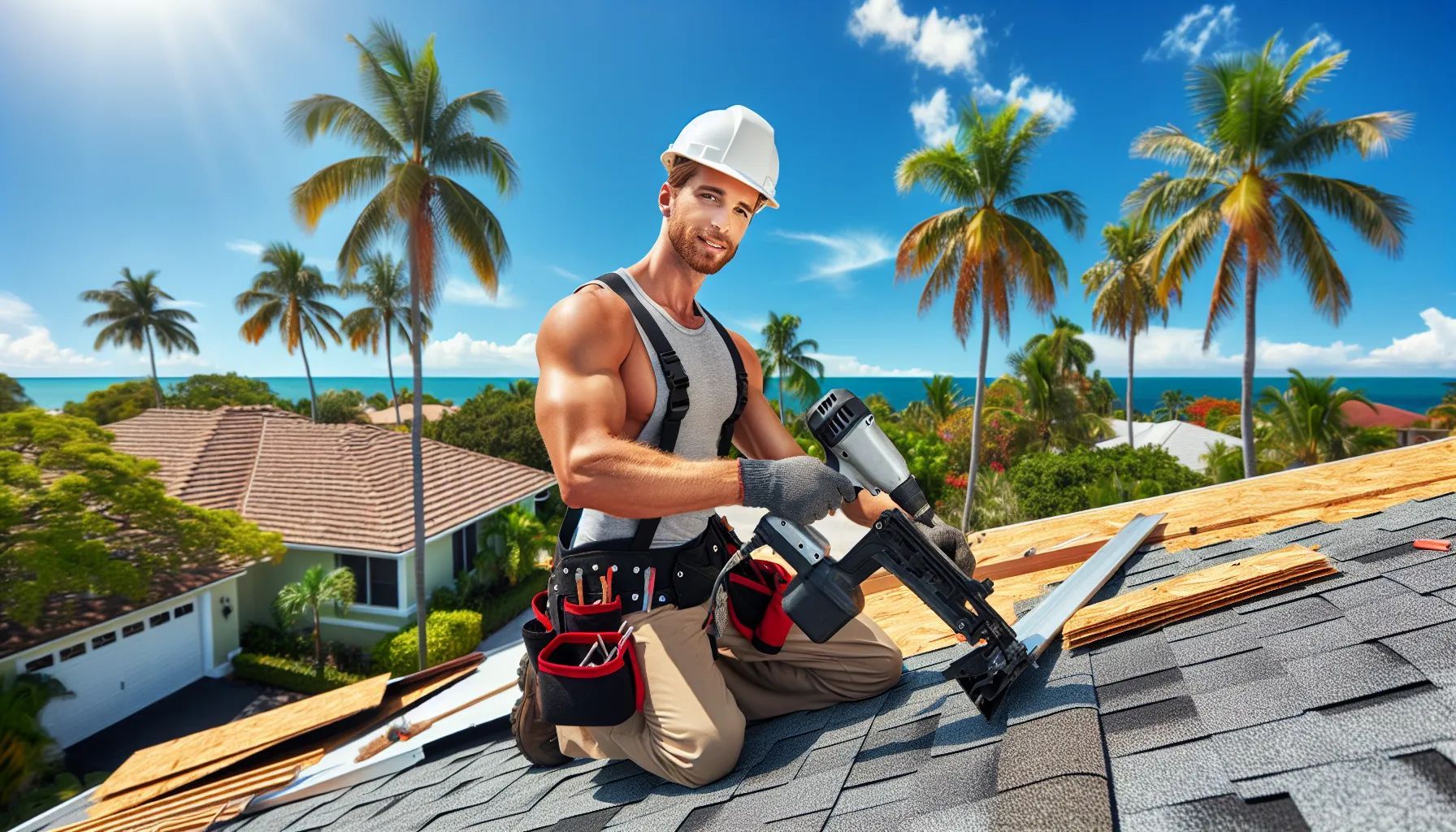 Man on a roof working with a glue gun.